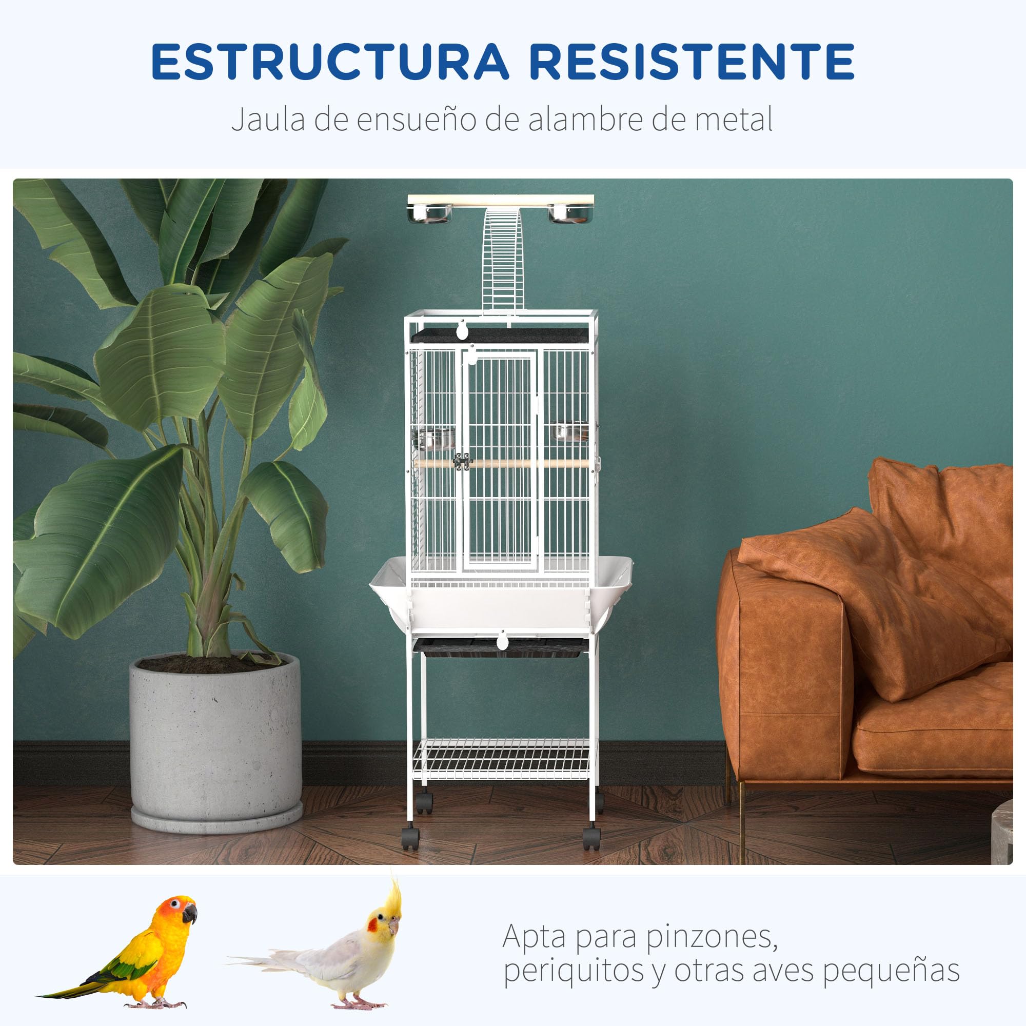 PawHut Jaula para Pájaros Jaula para Loros con Ruedas Perchas Comederos Estante Puente Arqueado y Bandejas Extraíbles Pajarera para Cacatúa NINFA Cacatúas Cotorras 62,5x62,5x156 cm Blanco