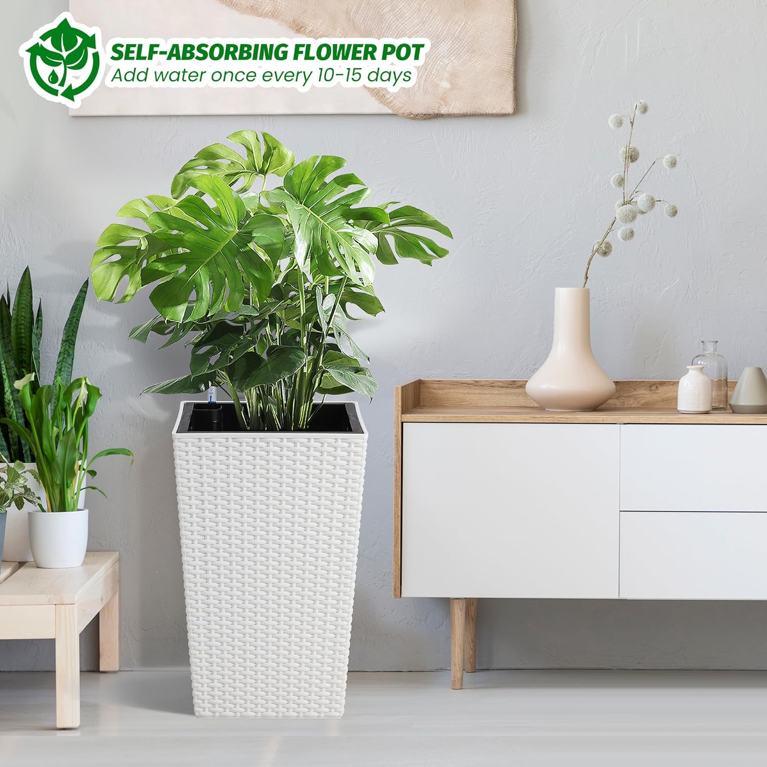 US 2PCS Tall Rattan Planter 16/22.5" Flower Pot Water Level Monitor Wheel Patio - Picture 11 of 50