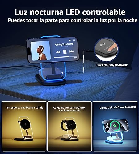 Miniatura 3 de Estación de carga inalámbrica magnética 3 en 1 para dispositivos Apple, soporte de carga plegable rápido y seguro para viajes con luz nocturna para