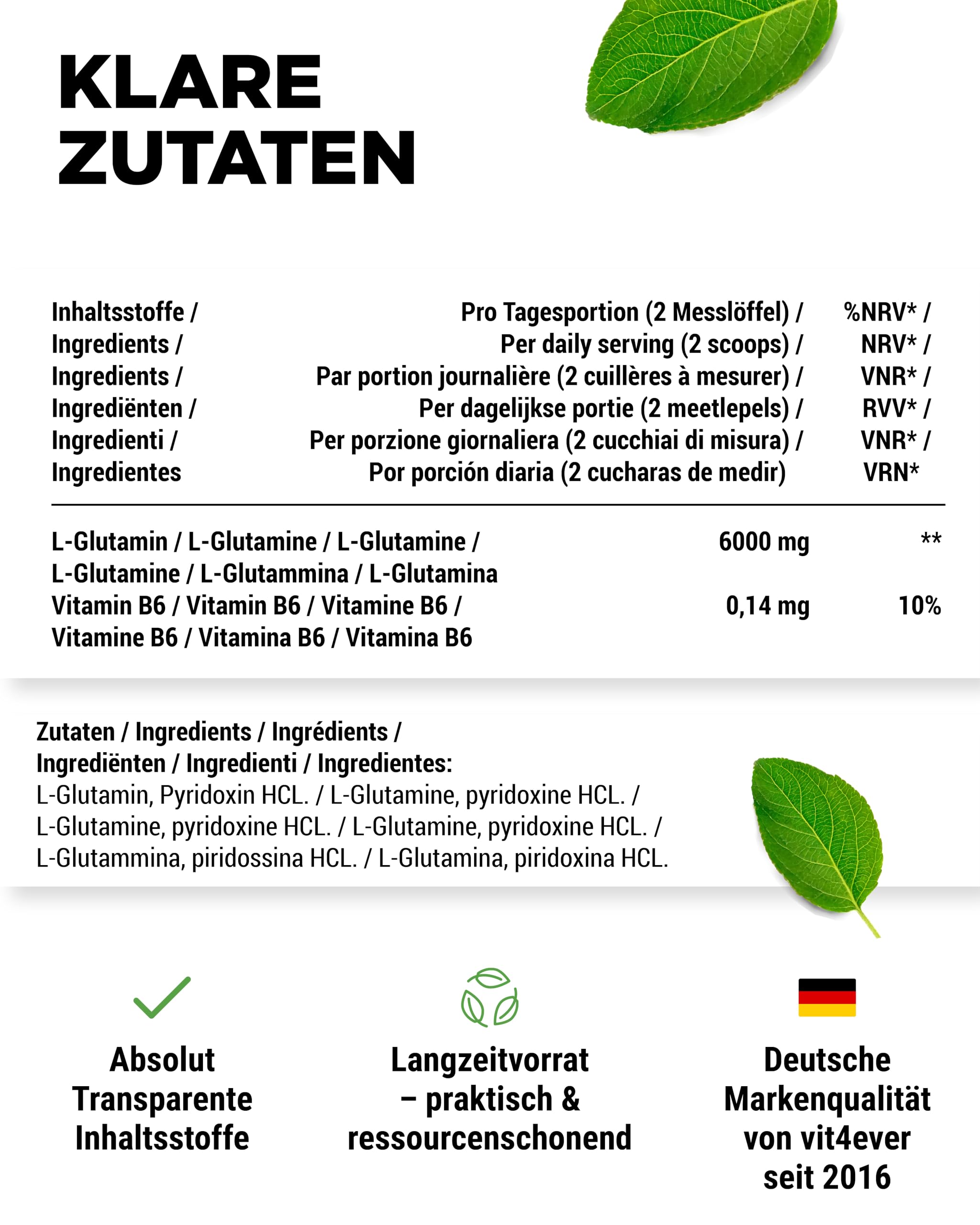 vit4ever L-Glutamin Pulver - 1000 g - ultrareines Aminosäurenpulver | Pflanzliche Fermentation, extra hochdosiert, 100% vegan