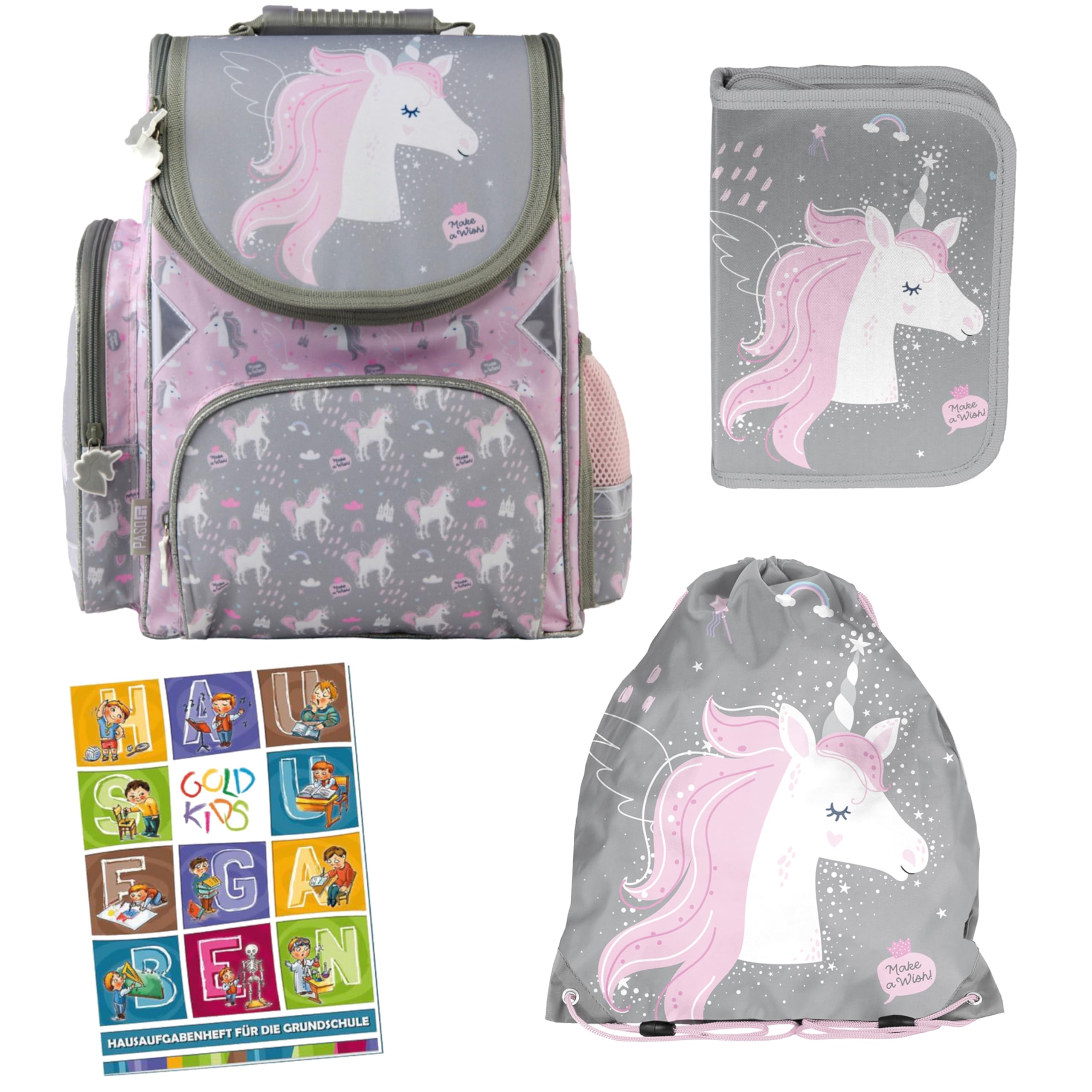 Goldkids - Schulranzen für Mädchen, 4er-Set - Schul-Rucksack für Kinder mit Federmäppchen - Schuhbeutel und Hausaufgabenheft - Einhorn Motiv - 1-3 Klasse