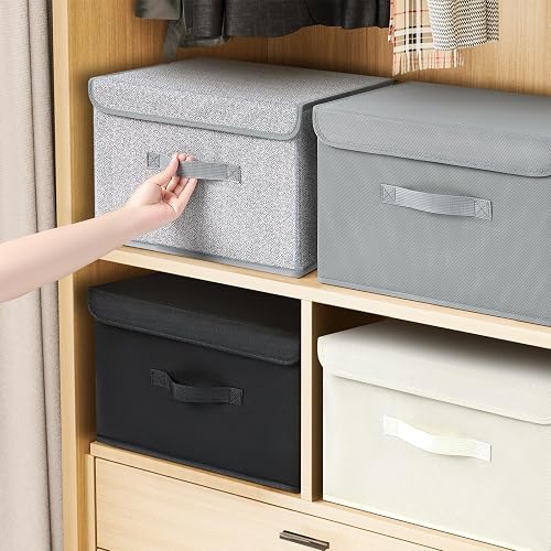 DIMJ Lot de 4 Boites de Rangement, Rangement de Vetement Pliable, Caisse de Rangement en Tissu avec Couvercles et Poignées pour Maison, Placard, Motif Fourmi - 2