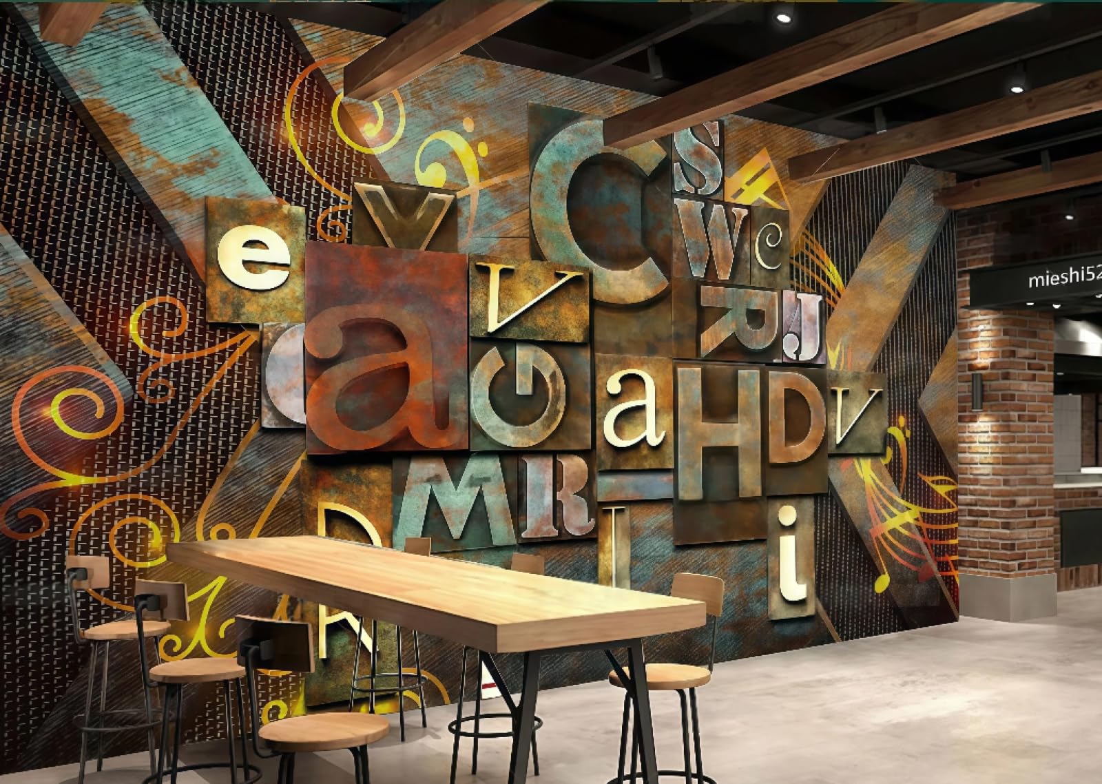 rskjdghshd Wallpaper Retro Nostalgic Rust Three-Dimensional Letters Music Theme Bar Western Restaurant Background Wall Mural Afternoon Tea Coffee Shop Wallpaper,3D,200x140cm
