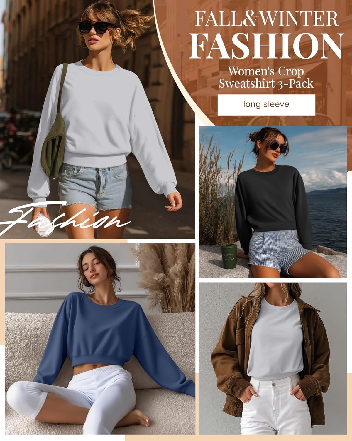 Ficerd 3 Pack Women's Cropped Sweatshirts Long Sleeve Cotton Crew Neck Pullover Tops Casual Solid Sweat Shirts - Image 2