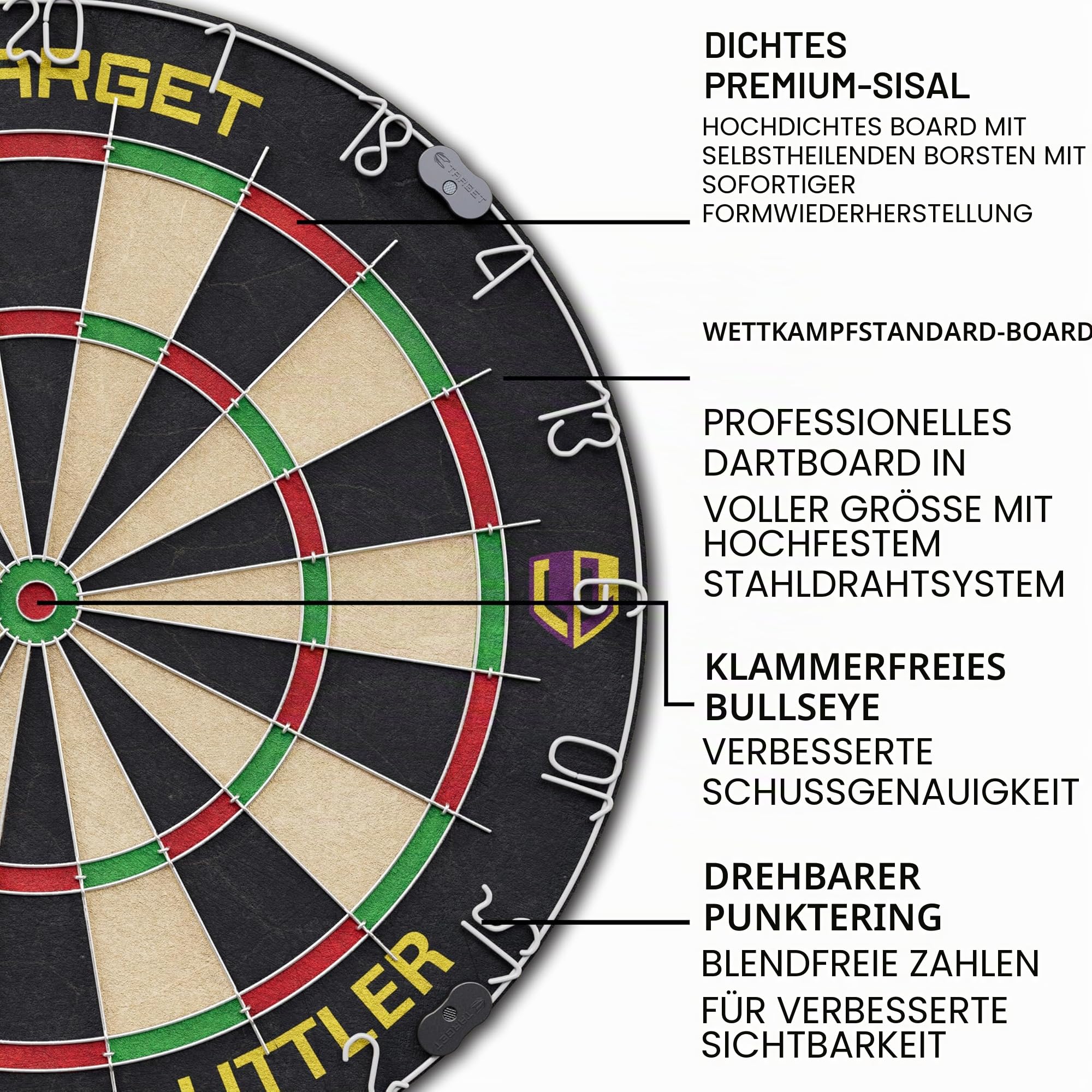 Target Darts Player Dartboard and Cabinet Set | Luke Littler/Dimitri Van den Bergh/Gabriel Clemens | Dartschrank mit 2 Sets Steel-Dart-Pfeilen, Score-Charts, Wurf-Standardlinie für Wettbewerbe