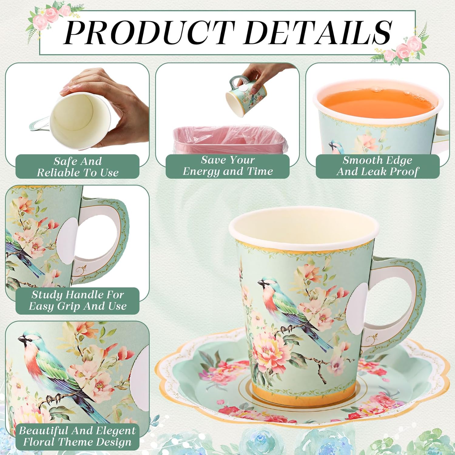 300 Pcs disposable paper tea cups for tea party Bulk, include 9 oz Floral Paper Tea Cup Set with Handle and Saucers 10" vintage Napkins for Floral Tea Party Wedding Baby Shower(Multiple Colour)