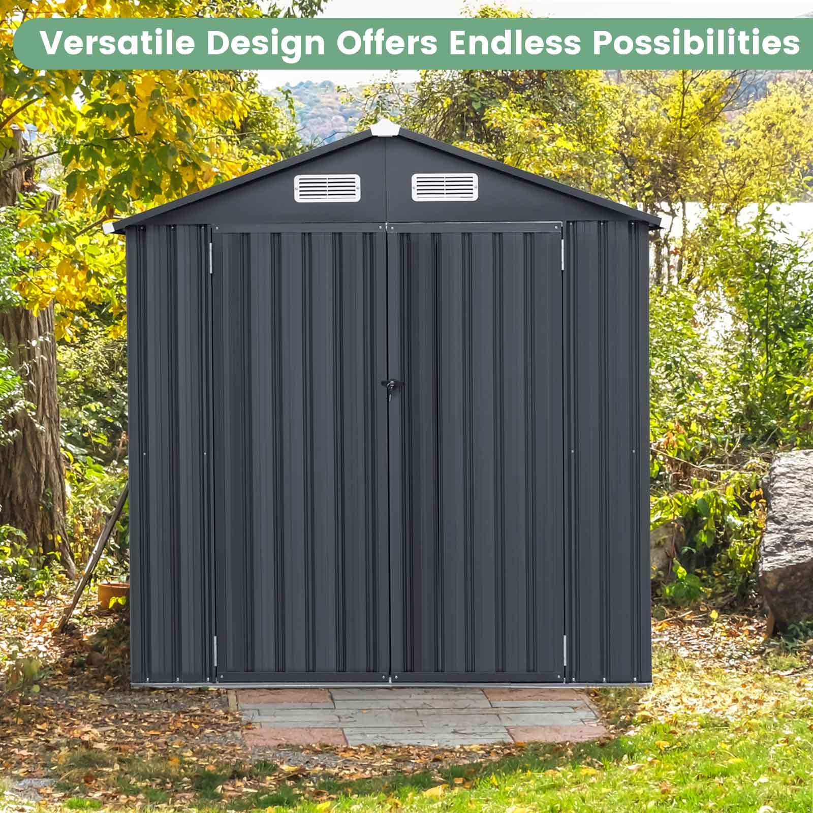 HOMASIS Gerätehaus Metall, Geräteschuppen mit Satteldach, 193x108x196cm, 3,44 m³, Gartenhaus mit 2 Tür & 2 Handschuhen & 4 Lüftungsfenster & Boden, Gartenschuppen Gartenhütte Outdoor wetterfest, Grau