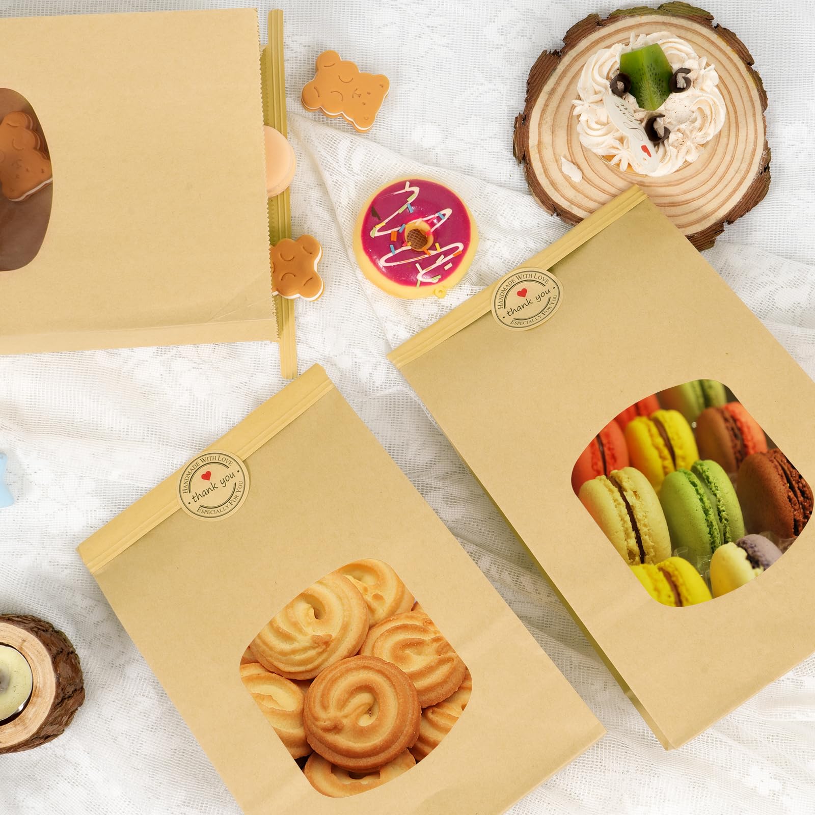 30 bolsas de panadería con ventana Kraft bolsas de papel de estaño Tie Tab Lock Bolsas para almacenar galletas alimentos secos Snack