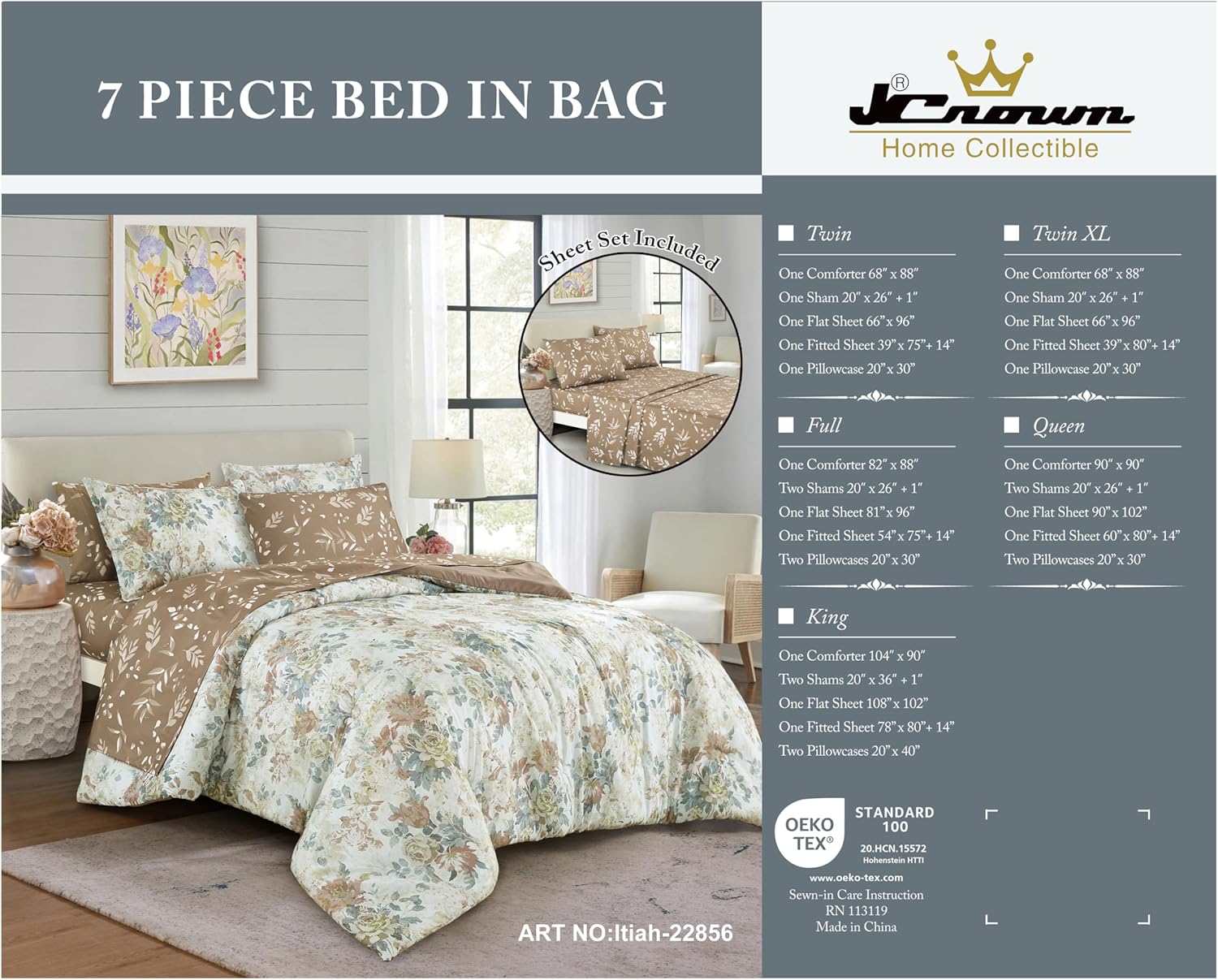 JCrown 7 Piece Bed in a Bag Comforter Set with Sheets – Floral Botanical Print, Ultra Soft Microfiber, Wrinkle Resistant Bedding Set with Comforter, Sheets, Pillowcases & Shams (Itiah, Queen)