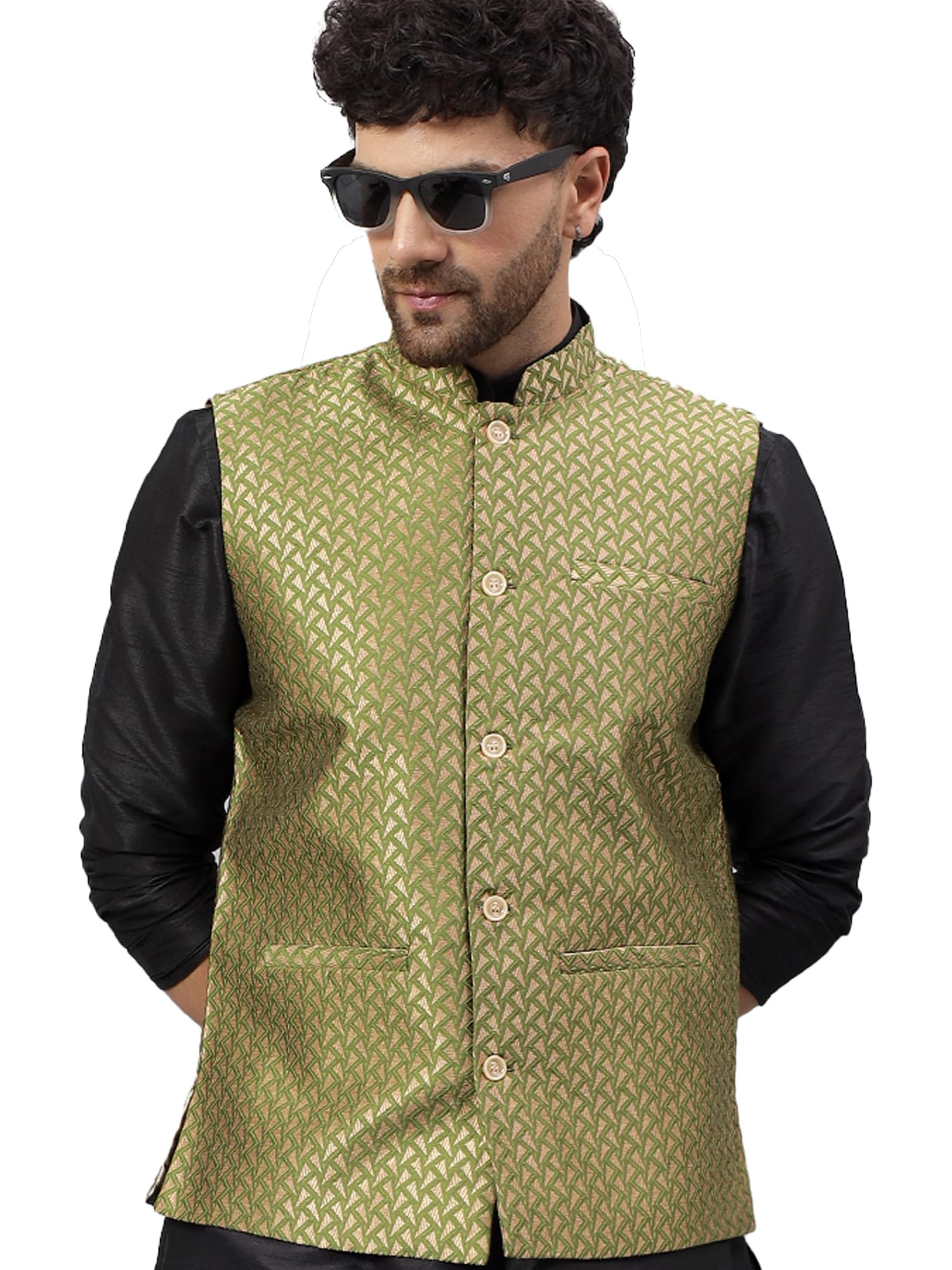 Indo Era Menâ€™s Silk Blend Nehru Jacket with Gold Brocade â€“ Festive Ethnic Waistcoat for Wedding, Reception & Traditional-Wear in gold