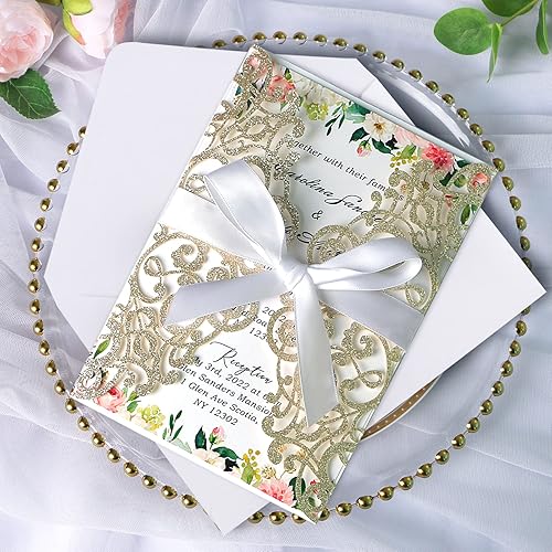Miniatura 5 de Ponatia - 25 tarjetas de invitación cortadas con láser de 5.12 x 7.1 pulgadas con sobres para bodas, fiestas de compromiso, cumpleaños, Champán