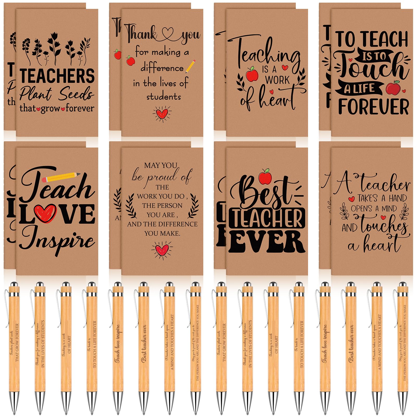 WWmily 32 Pcs Teacher Appreciation Notebooks Ballpoint Pens Thank You Wood Bamboo Pen with Inspirational Quote Motivational Journals Notepads for Office School Coworker Supplies (Style 1)