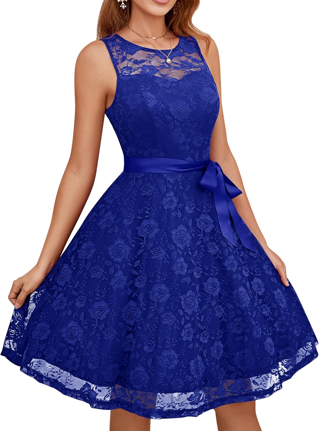 Dressystar Women's Floral Lace Short Bridesmaid Dress with Sheer Neckline Sleeveless Wedding Guest Formal Cocktail Dresses Royal Blue XXXL