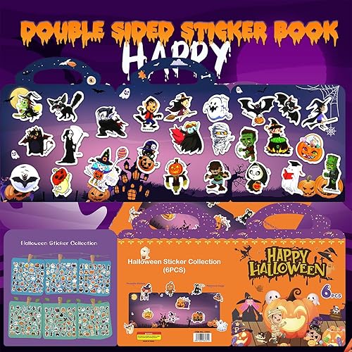 Miniatura 2 de 215 libros de calcomanías reutilizables de Halloween para niños, 6 hojas divertidas de calcomanías para niños pequeños, lindas calcomanías