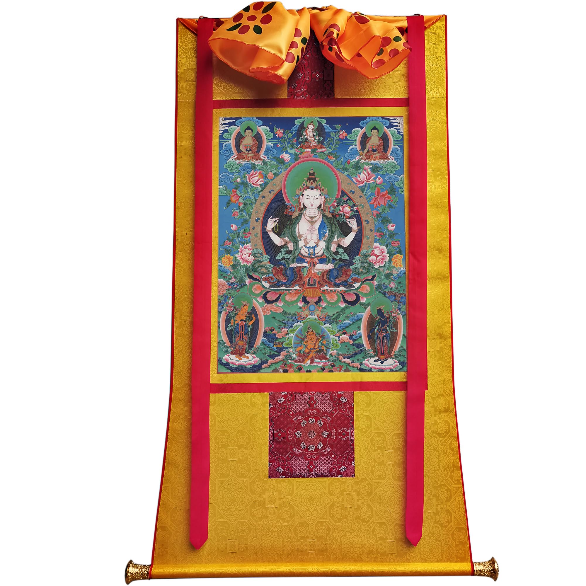 Gandhanra Tibetische Thangka-Kunst–Chenrezig - Vierarmiger Avalokiteshvara Thangka–Hochauflösender Digital-Giclée-Druck und doppelt handgerahmt - Buddhistische Wandbehang-Tapisserie - 47" x 32"