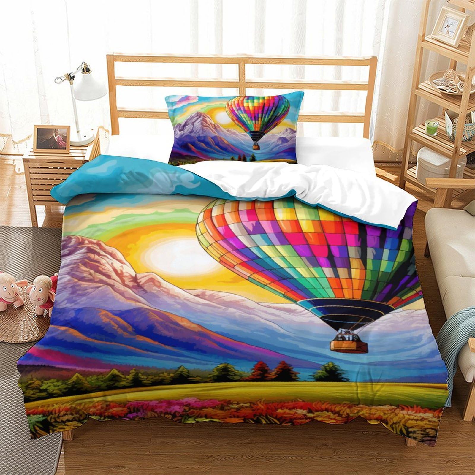 Housse de couette single 135x200cm motif ballon à air chaud avec fermeture éclair