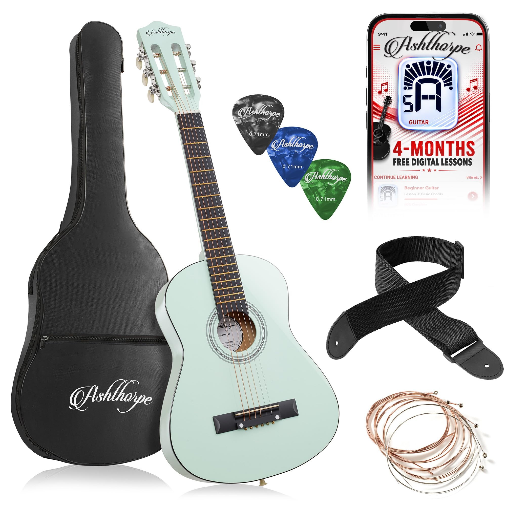 Ashthorpe 30-inch Kids Acoustic Guitar (Mint Green), Beginner Starter Kit with Gig Bag, Extra Strings, Strap, Picks, and Lessons
