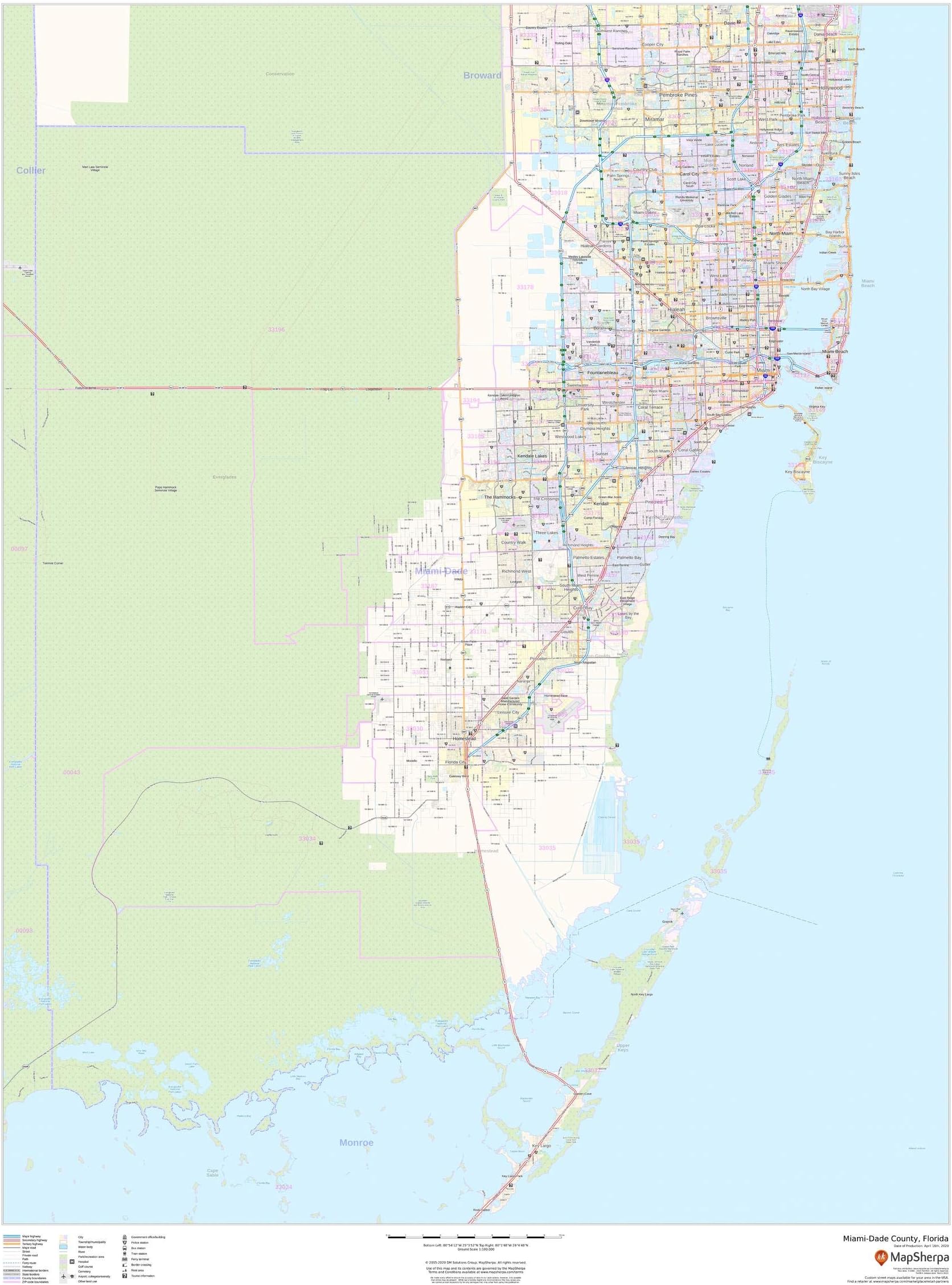 Miami-Dade County, Florida - 36" x 48" Laminated Wall Map