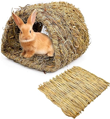 Hamiledyi Rabbit Grass TunnelNatural Straw Woven Mat Winter Warm Hideaway Hut for Bunny Gerbil Ferrets Guinea Pig Chinchilla