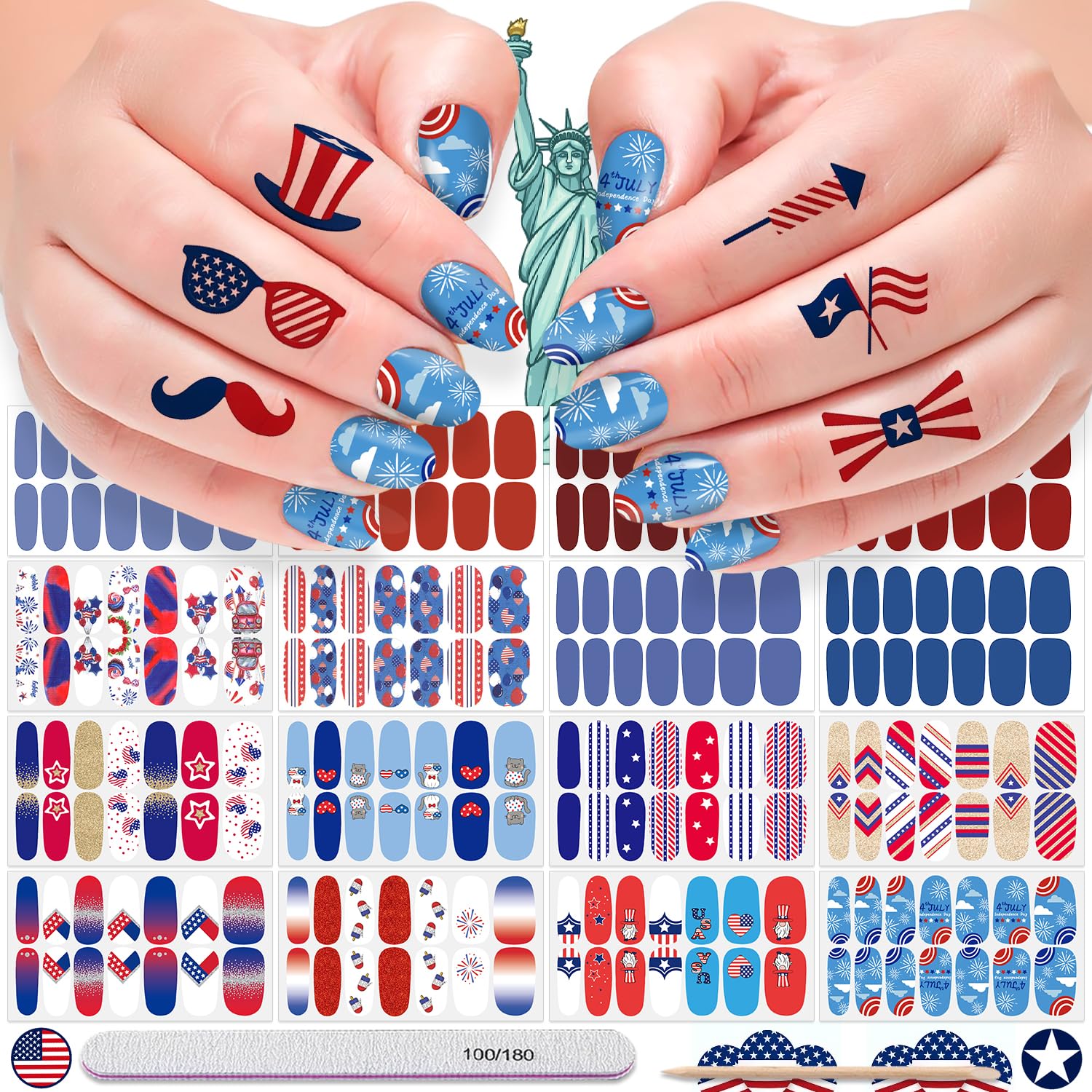 DANNEASY 16 Sheets Independence Day Nail Wraps for Women 4th of July Nail Polish Stickers Solid Color Nail Polish Strips Self-Adhesive Fingernail Stickers with Nail File, Cuticle Stick