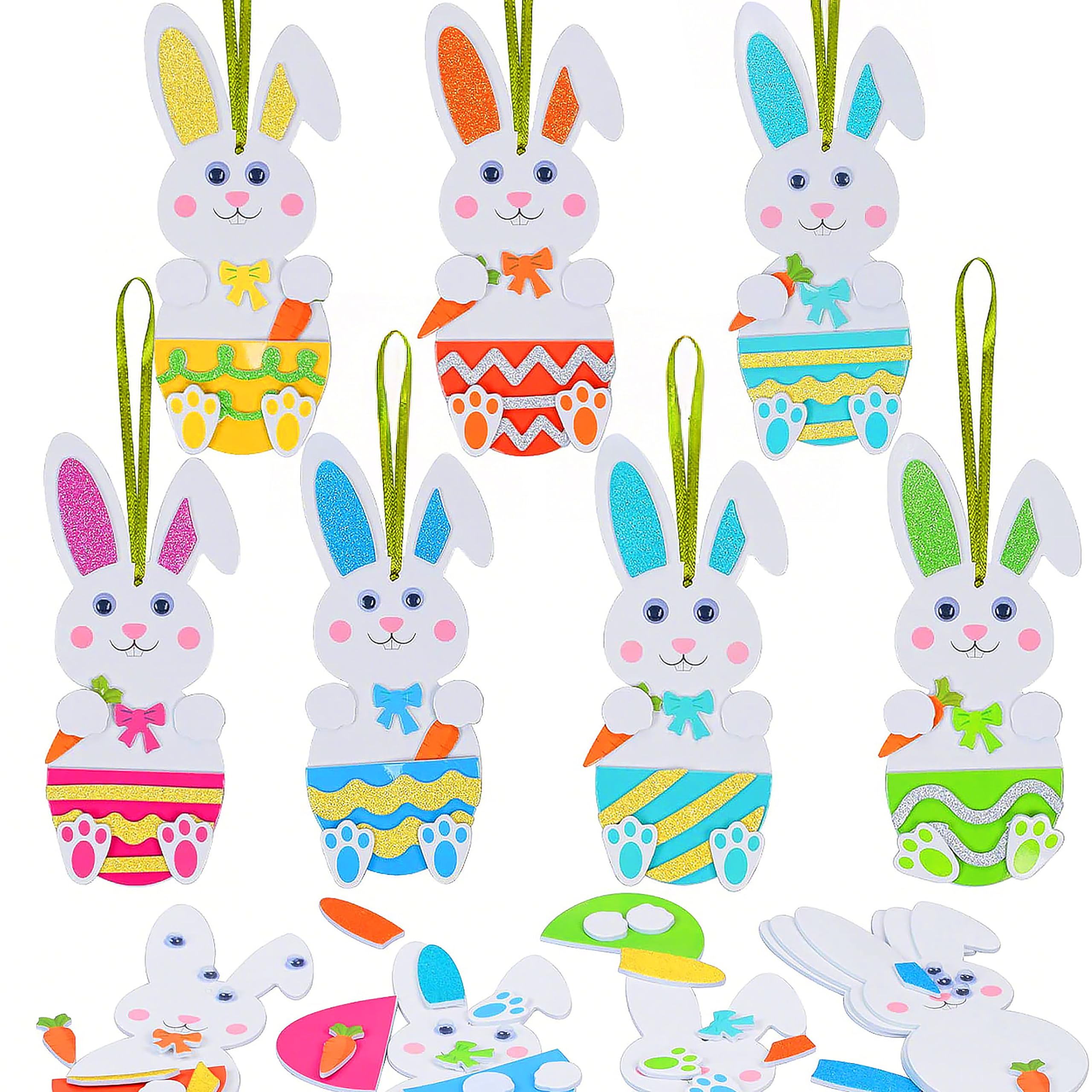 MICJLLT Easter Bunny Crafts Kit for Kids - 12 Pcs Felt Stickers Easter Themed with Ribbons, Self-Adhesive Stickers Easy Assemble No Glue Required, Easter Party Hanging Decorations & Craft Gifts