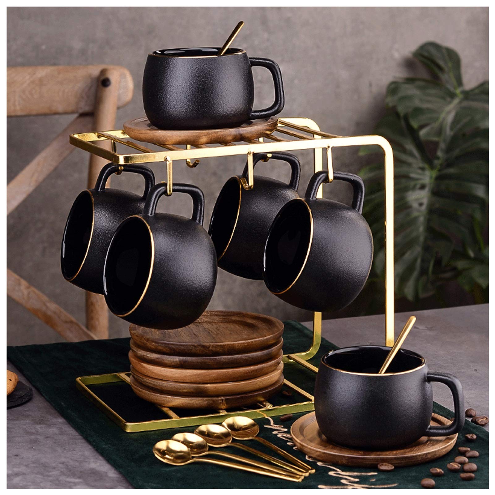 Taza De Café Conjunto De Taza De Café De Lujo Pequeño De Estilo Europeo, Taza De Agua De Cerámica Helada Retra, Taza De Té Especial De La Familia Con Bandeja Y Soporte De Metal (conjunto De 2, 4, 8 Pi