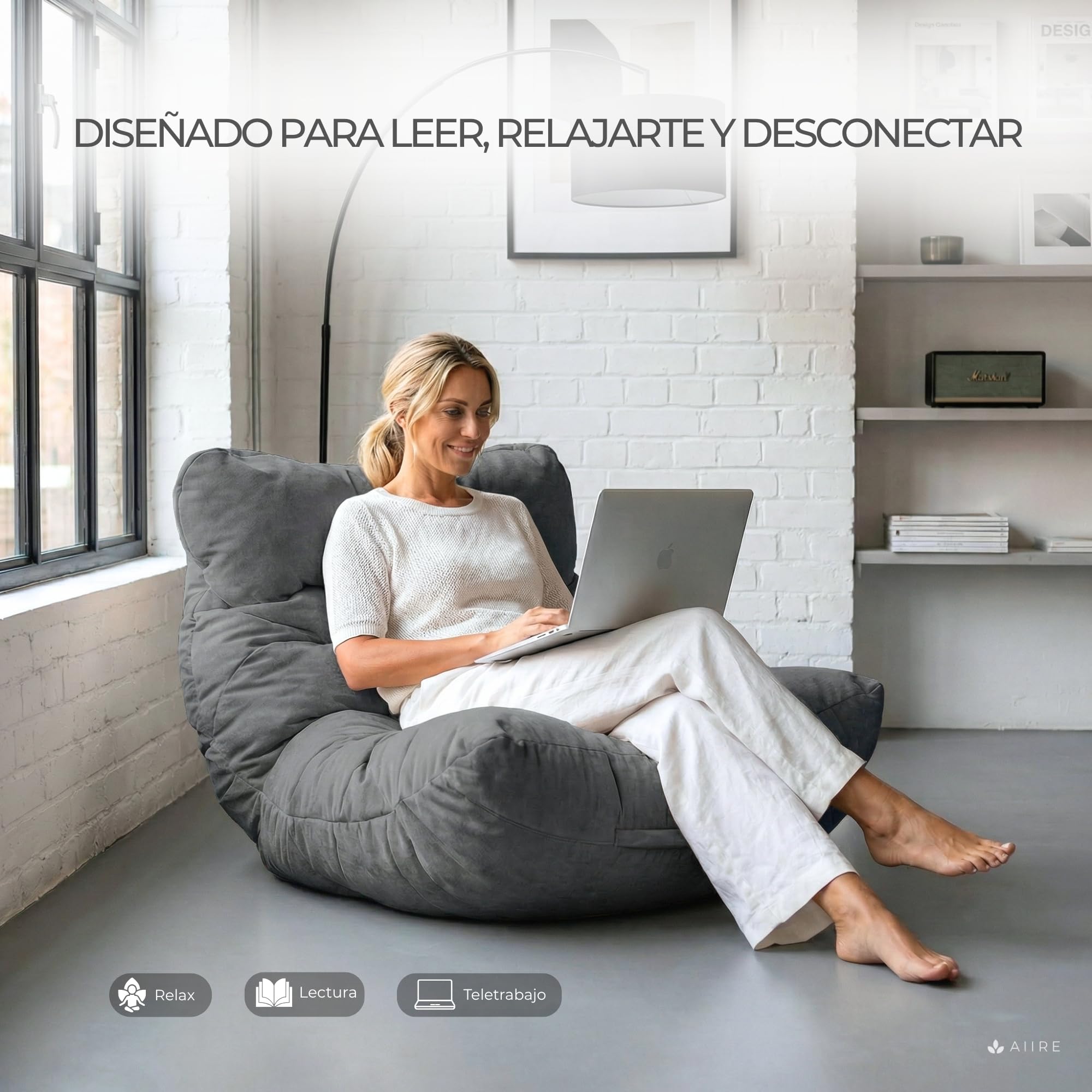 Aiire Puff Salón XXL de Diseño - Sillón Puf con Relleno Incluido para Adulto - Bean Bag Chair Premium para Dormitorio - Funda Desenfundable y Lavable Gris Oscuro