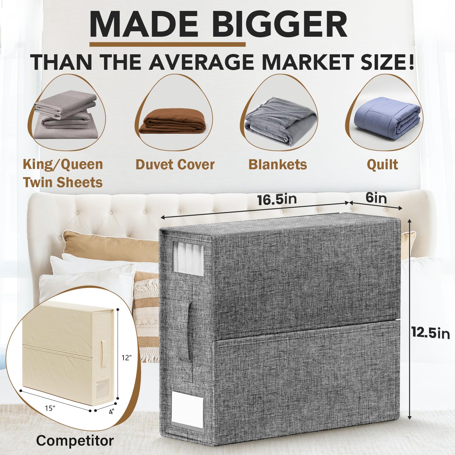 Slumber Sort Foldable Linen Closet Organizers And Storage - King,Queen and Twin Comforter, Blanket & Closet Storage - Extra Large Bedding container(Gray, 4 Pack)