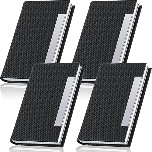Eaasty 4 tarjetas de visita de piel sintética con bolsillo magnético con bloqueo RFID, organizador de tarjetas de visita de metal con nombre, Negro