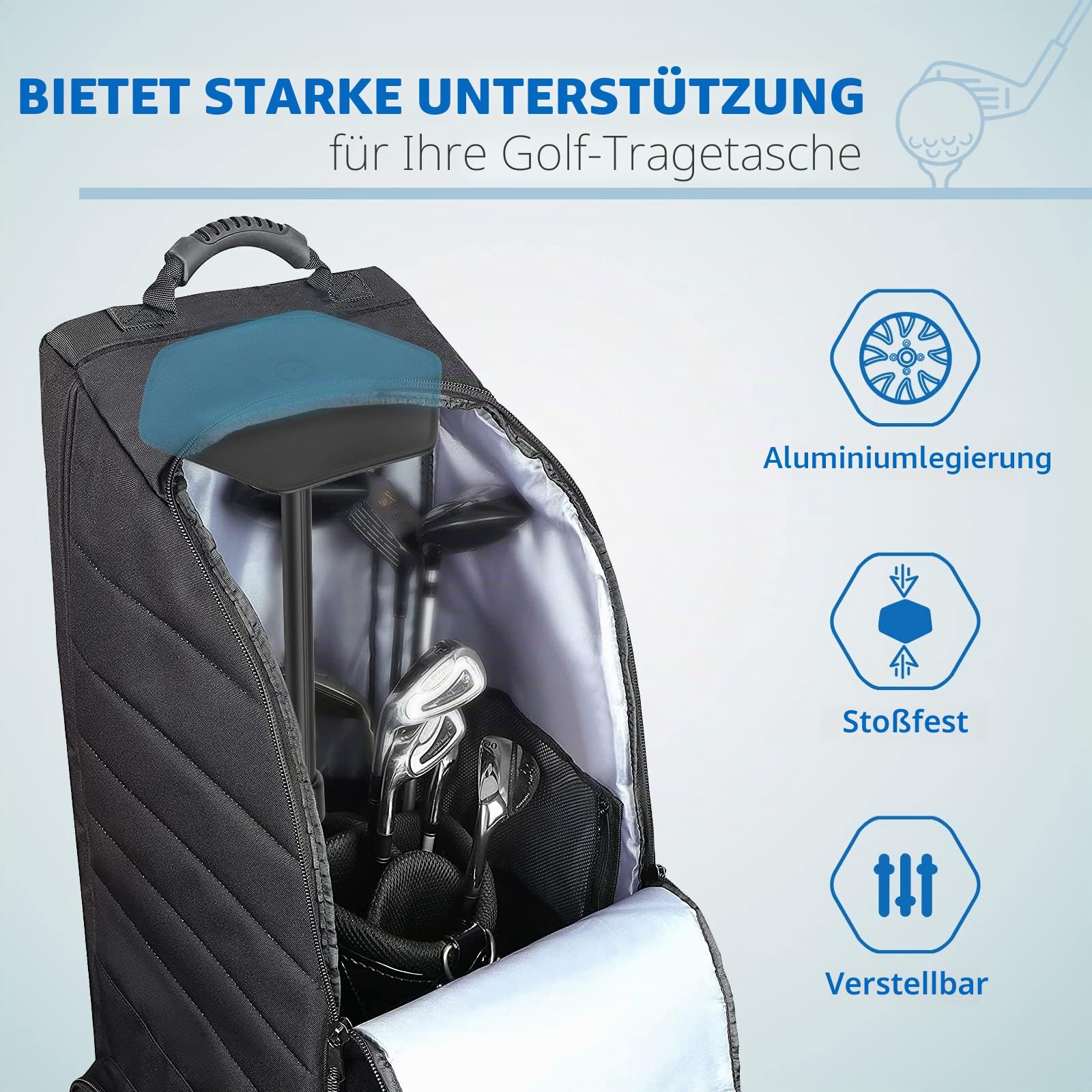 Rhino Valley Teleskop-Golftaschen-Halterung, verstellbare Halterung aus Aluminiumlegierung mit Oberdeckel, Zubehör für Golf-Halterung