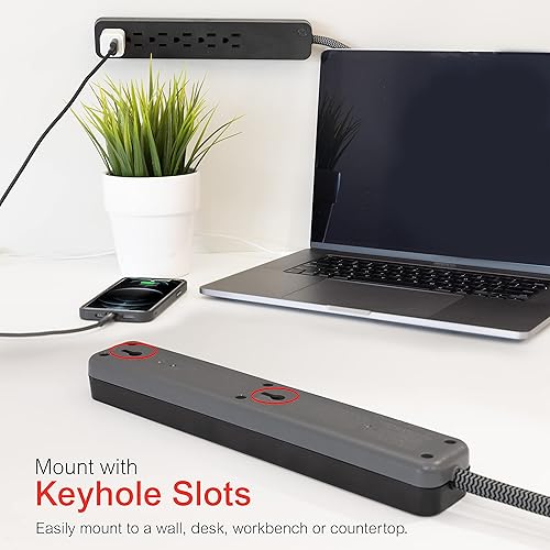 Miniatura 5 de GE Protector SurGE de 6 tomas, cable de extensión trenzado de 20 pies, tira de alimentación, 840 julios, enchufe plano, certificación UL, color