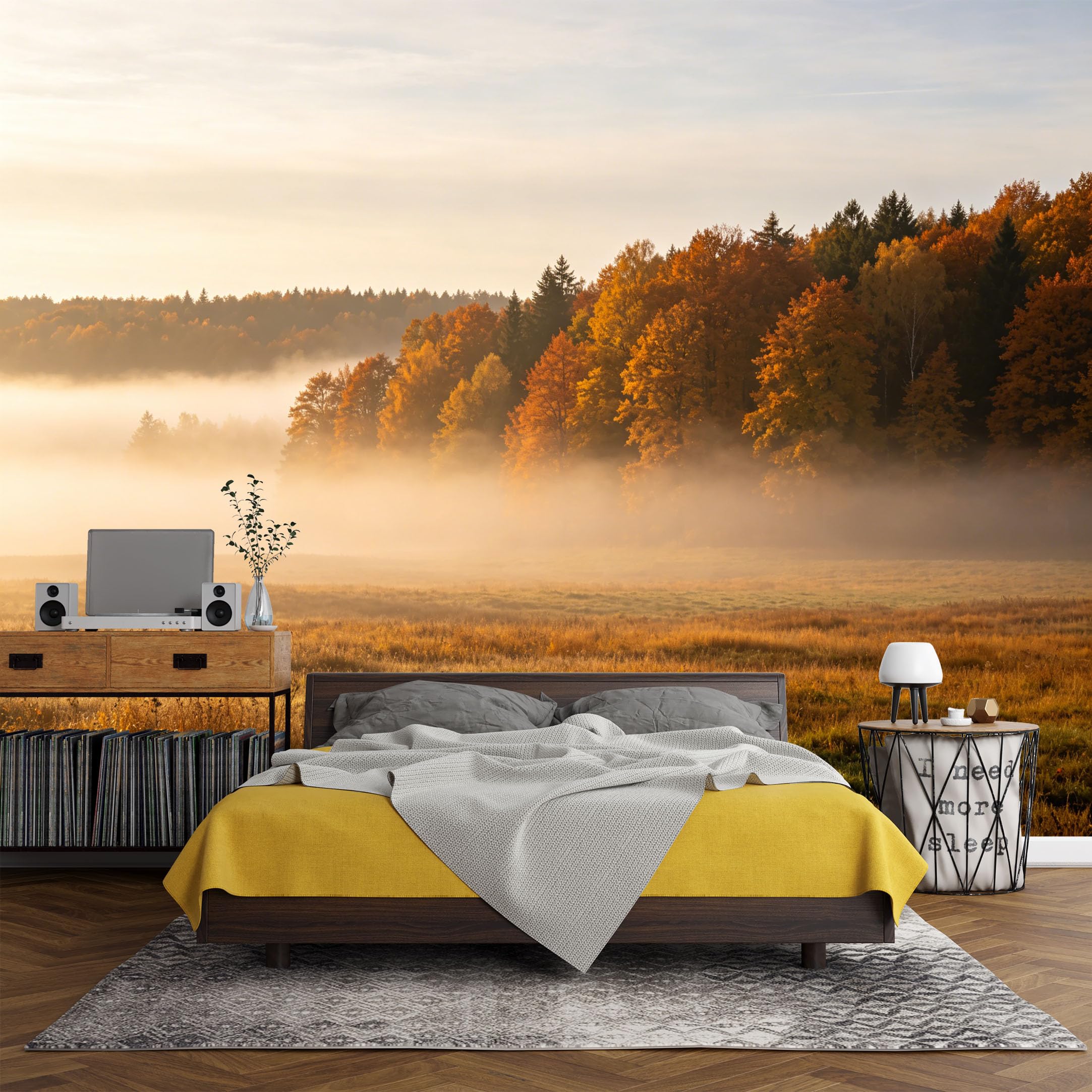 Custom Size Wall Mural， Autumn Forest Landscape Morning Mist Field Sunrise Natural Scenery，SelfAdhesive Art Prints wall Fabric (No PVC) Removable Wallpaper Living Room Decor