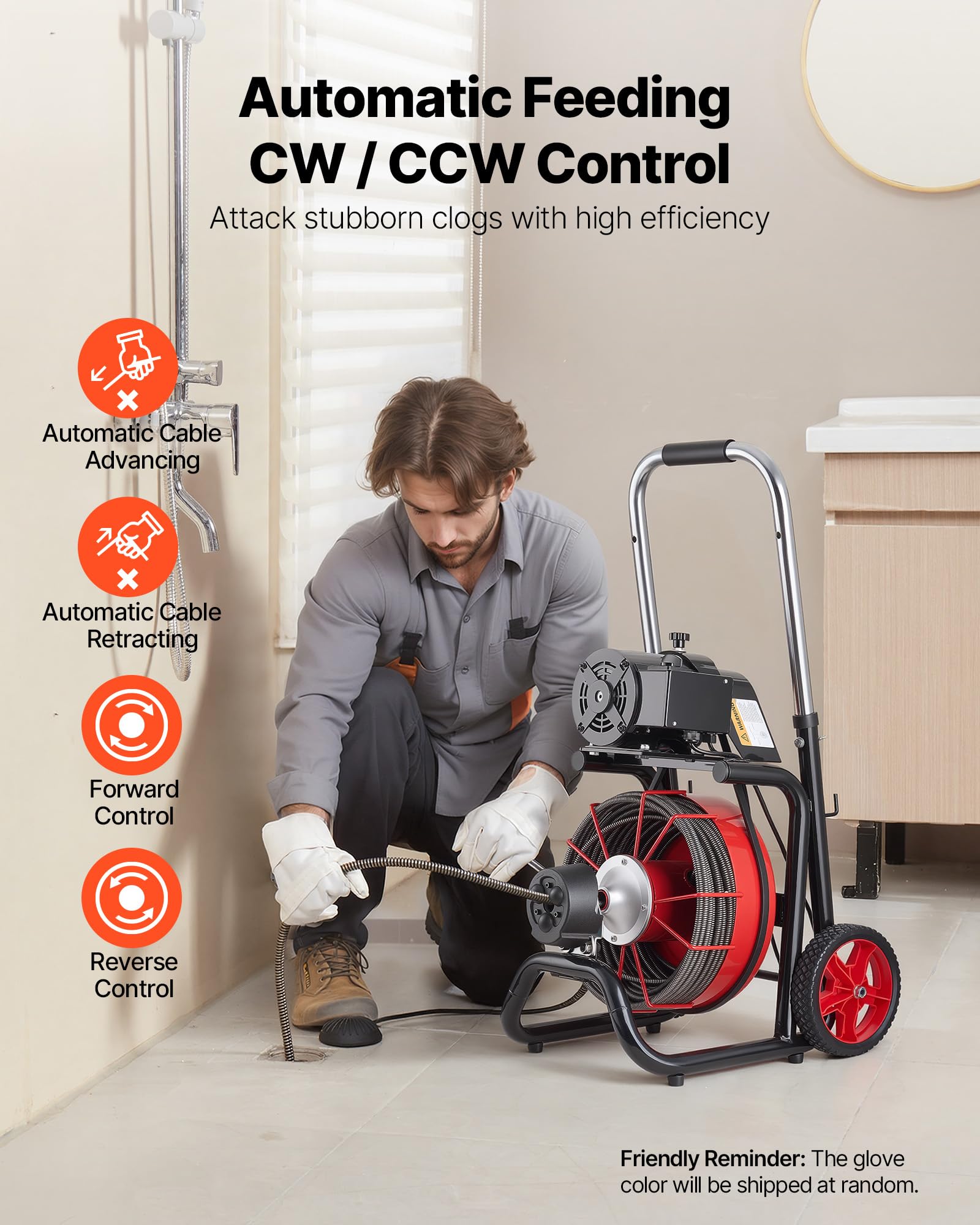 VEVOR Desatascador de Desagües Eléctrico 30m x 13mm Máquina de Limpieza de Tuberías con Alimentación Automática Interruptor de Pedal Neumático Limpiador de Tubos de Drenaje para Tuberías de 5-10 cm