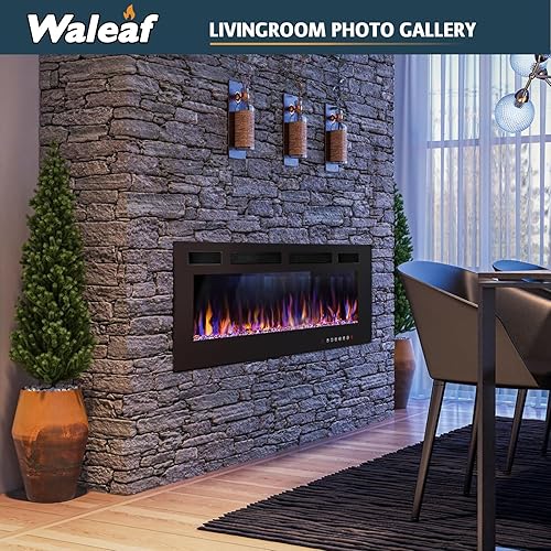 Miniatura 4 de Waleaf Chimenea eléctrica de 50 pulgadas montada en la paredempotrada, calentador de chimenea con llama multicolor, temporizador de bajo ruido