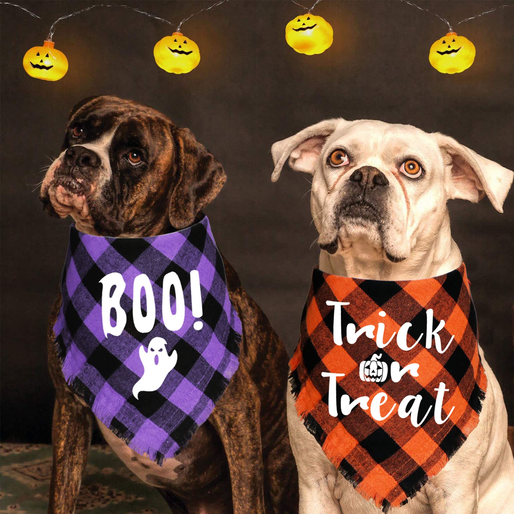2er Set Halloween Hundehalstücher Mit Quasten - Karomuster Für Kleine & Große Hunde