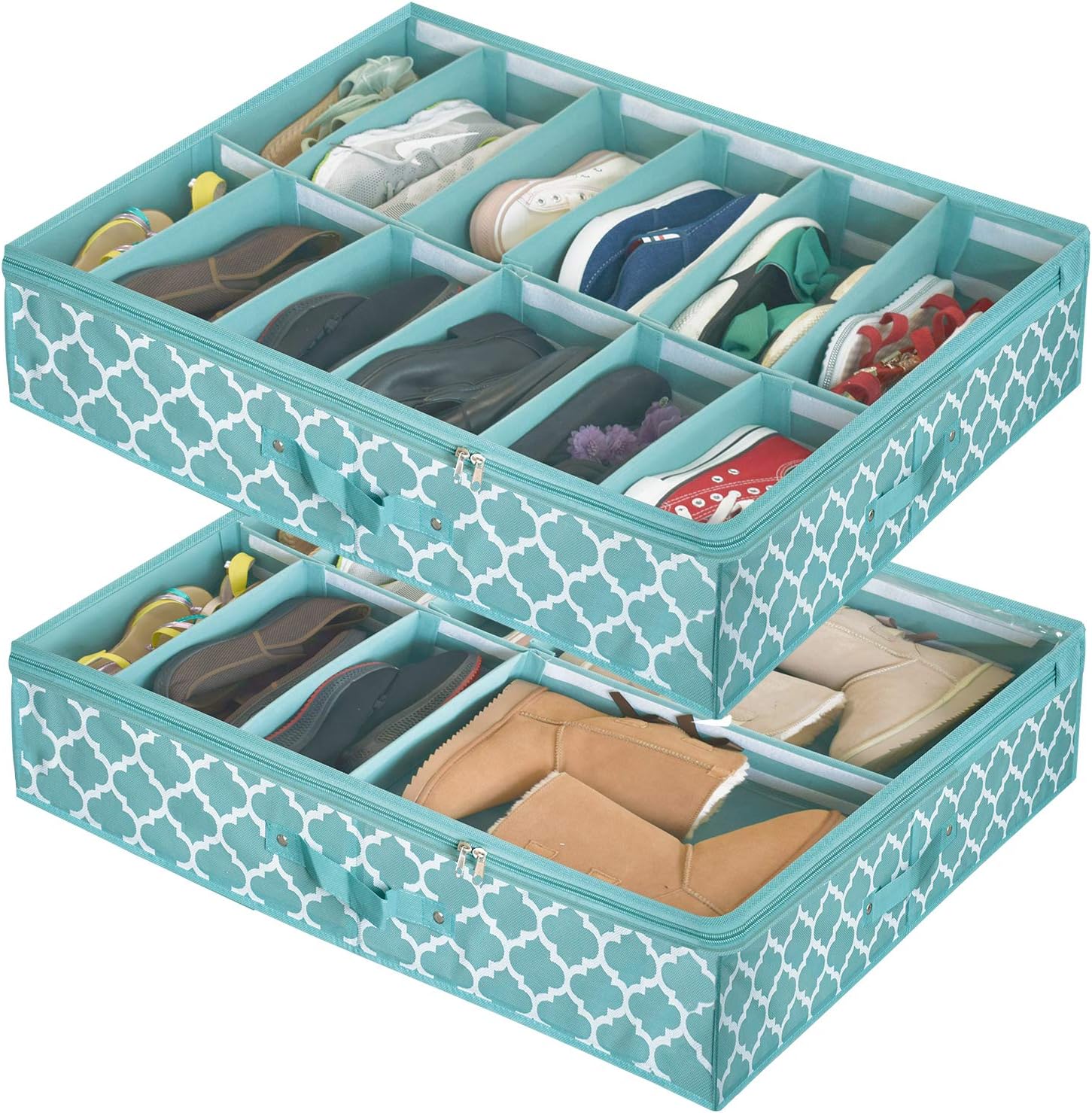 Shoe Organizer Under Bed Adjustable Dividers, Shoes Storage Containers Box (2 Pack Fits 24 Pairs) With Clear Cover, for Sneakers,Clothes, Great Space Saver for Your Closet, Blue Lantern Pattern