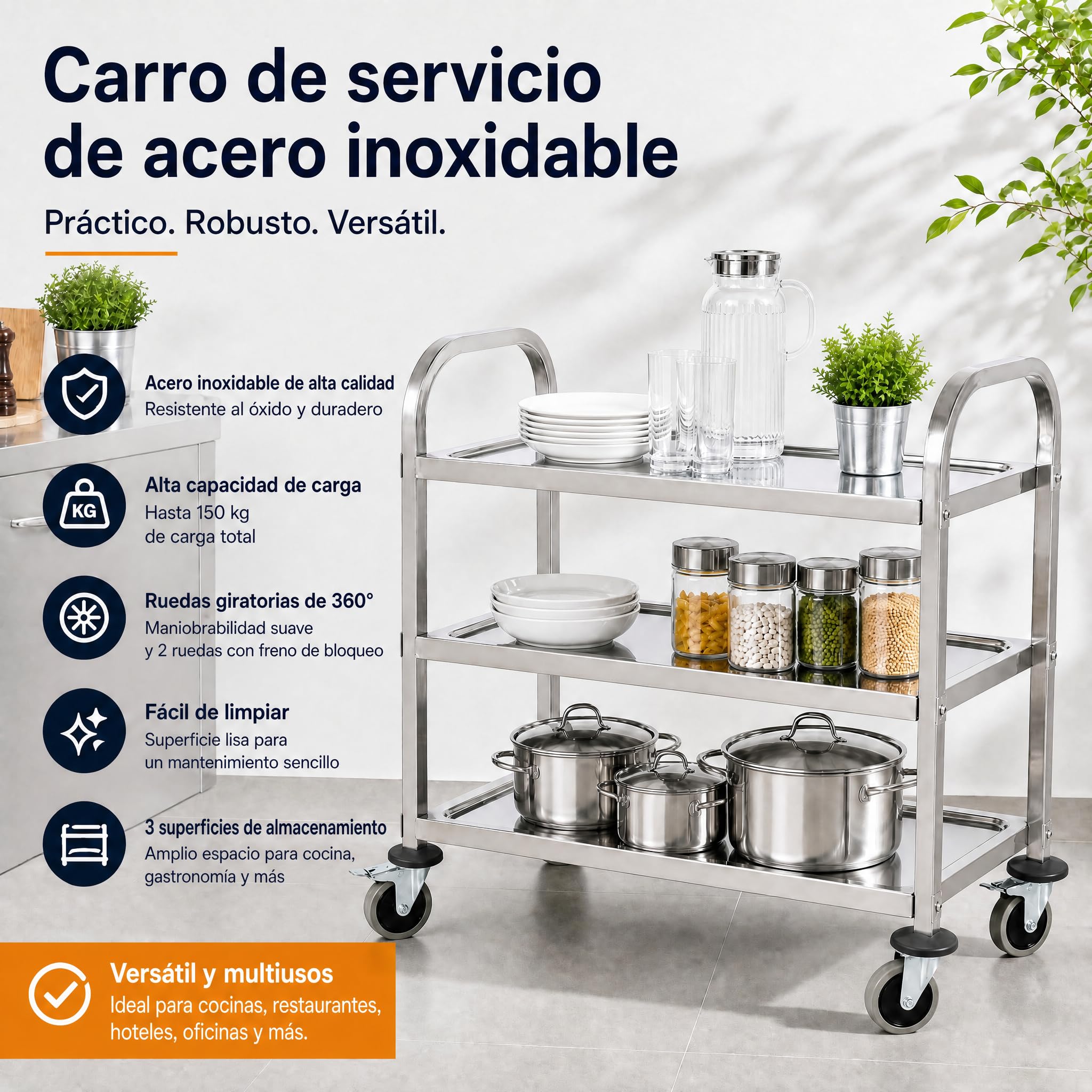Carrito de Servicio Acero Inoxidable 3 Estantes, 4 Ruedas Giratorias (2 con Freno) (72x40x82 cm, 150 kg) – Carro de Cocina Multifuncional para Restaurante, Laboratorio, Hostelería