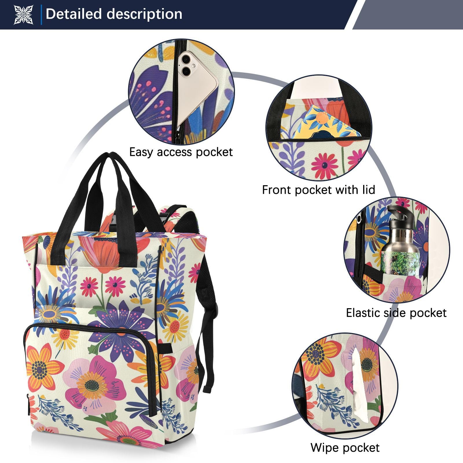 Bolsa de pañales para bebé niña con flores coloridas