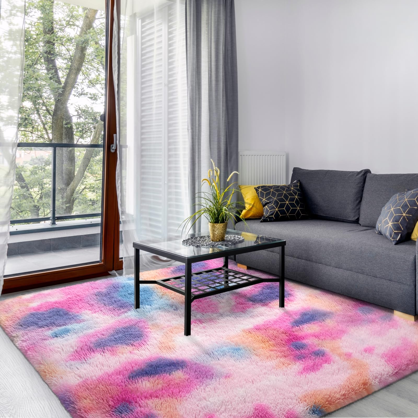 Large Area Rugs for Bedroom Living Room, 6x9 Ft Tie-Dyed Shag Carpet, Fluffy Plush Soft Throw Rug for Kids Nursery Lounge Indoor, Washable Non-Slip Furry Floor Rug for Home Decor, Pink Rainbow