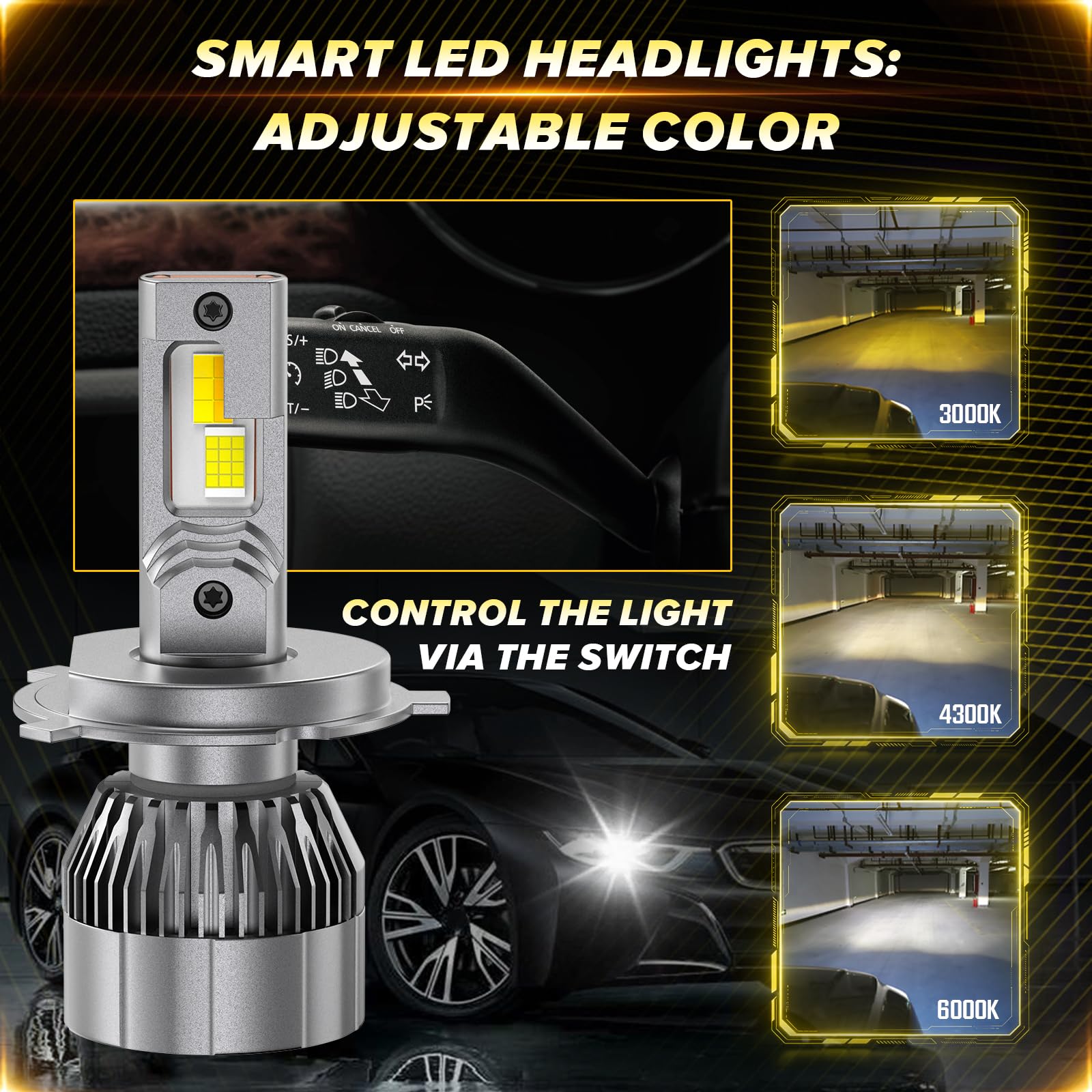H4 9003 LED Lampadina per Fari, 2 PZ Nuovo Tri-colore (6500K 4300K 3000K) Lampadina per Fari H4 Canbus 12-24V 120W Kit LED Abbaglianti/Anabbaglianti 800% Luminosità Sostituzione Alogena