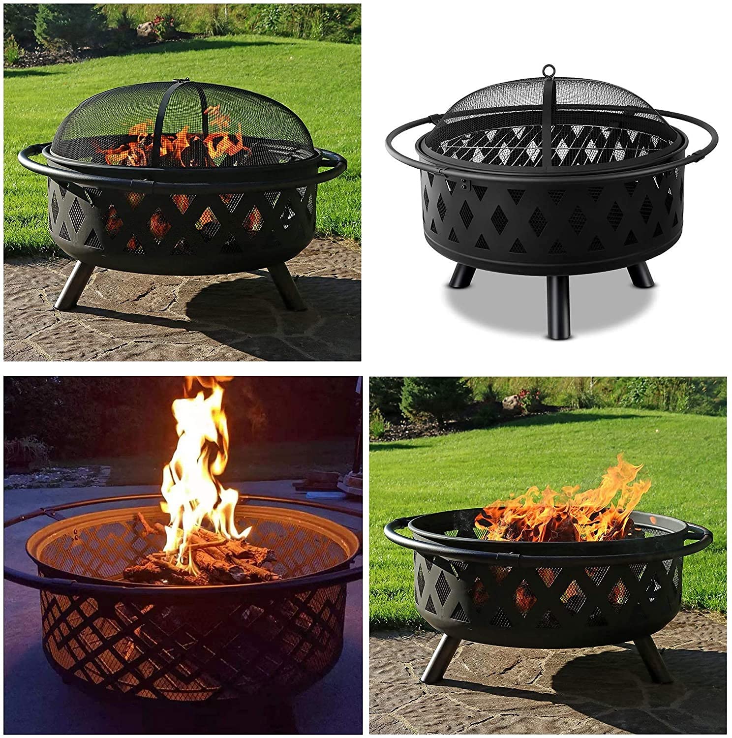 Brasero para Hoguera Parrilla de Hierro para Barbacoa, Cuenco para Hoguera con Malla, Cubierta de Pantalla de Chispa para Acampar, Picnic, Hoguera, Patio, Jardín, Playas