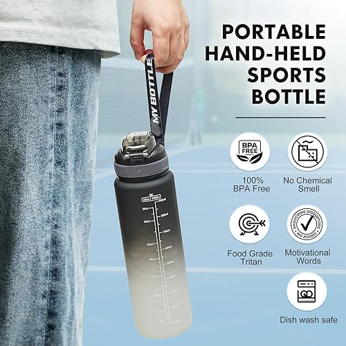 Miniatura 6 de Botella de agua deportiva con popote, botellas de agua de 32 onzas con marcador de tiempo para niños y niñas, botella de agua simple y moderna de
