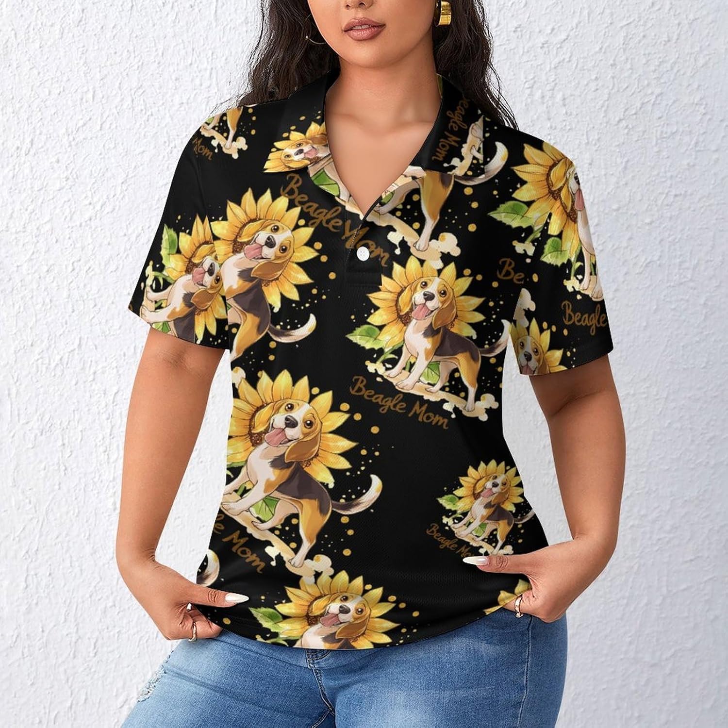 Beagle Mom Sunflower Womens Golf Polo Shirts Summer Short Sleeve Collared 3 Buttons T Shirt Activewear Tops