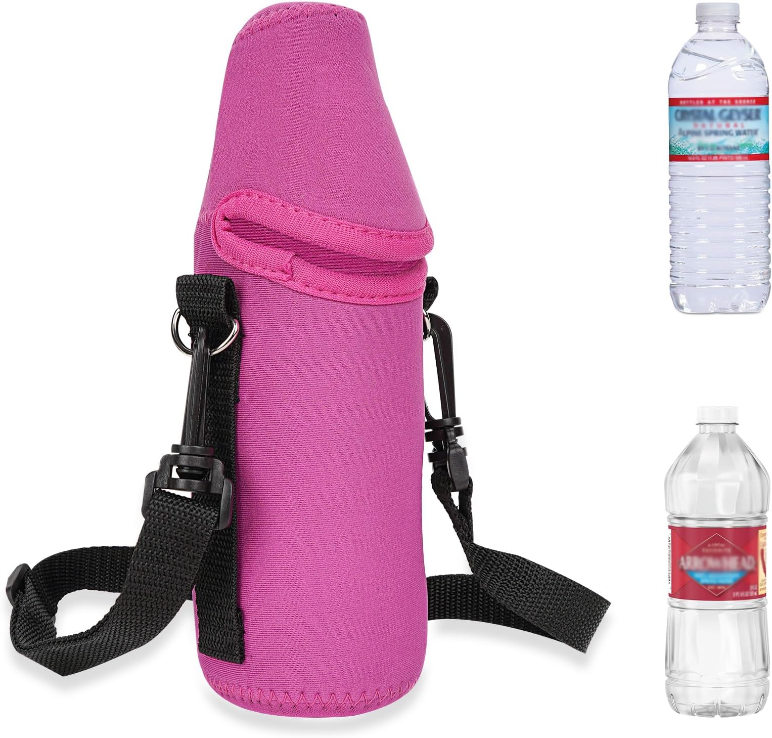 Linkidea Disposable Water Bottle Carrier with Shoulder Strap Compatible with 16.9 Fl Oz Crystal Geyser, Arrowhead, Insulated Neoprene Plastic Bottled Water Sling Bag (1 Pack/Rose Red)
