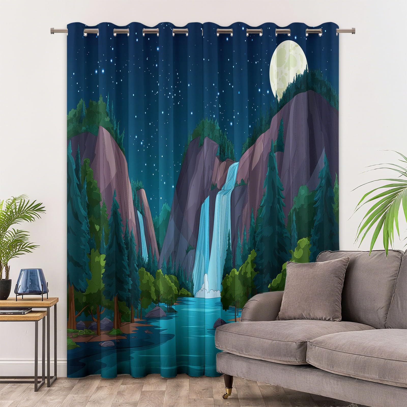 Berge Wasserfall Sternenhimmel 2er Set Verdunkelungsvorhänge mit Ösen, Cartoon Blickdicht Thermo Isoliert Vorhänge für Wohnzimmer & Schlafzimmer, HxB 214 x 91.5 cm