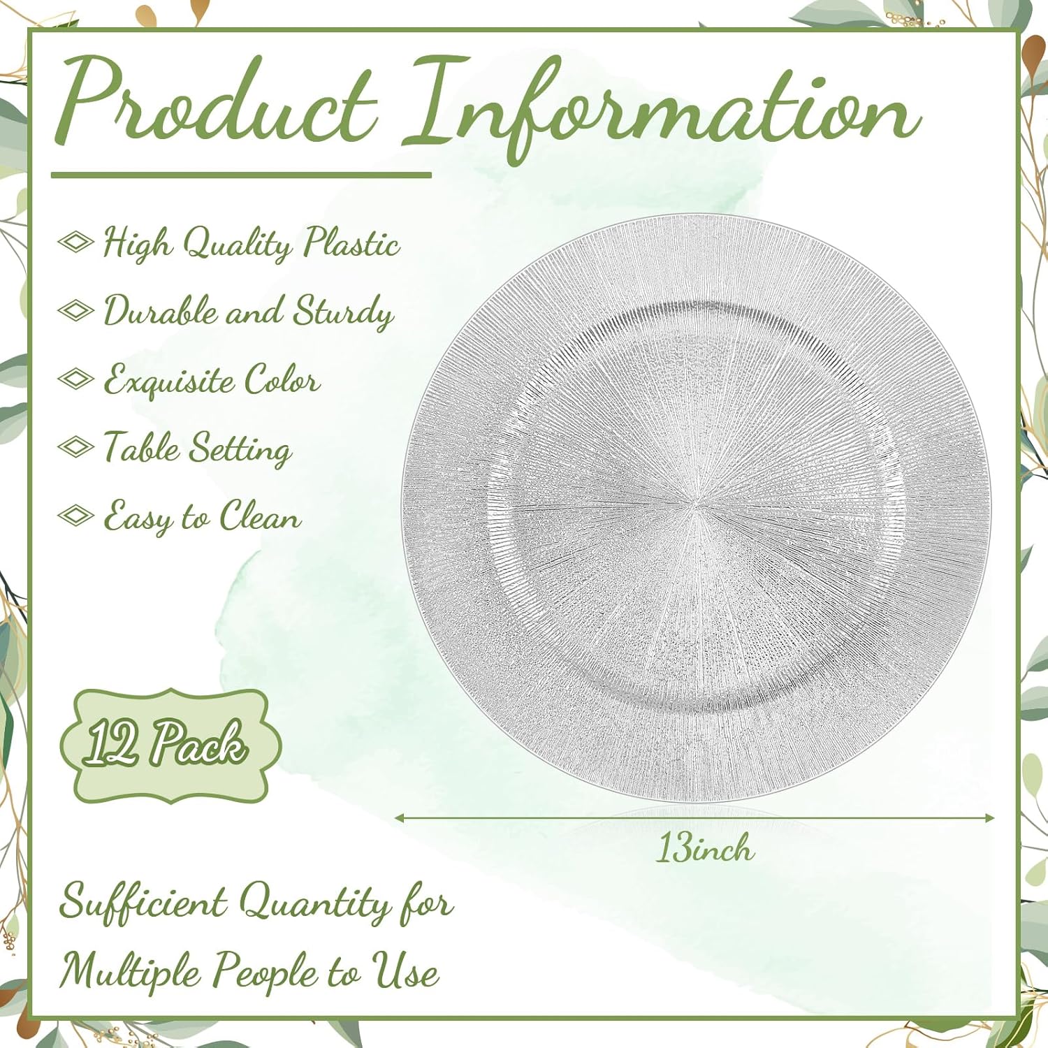 Tanlade 12 Pcs Charger Plates Bulk 13 Inch Plastic Round Wedding Chargers Floral Decorative Plates with Metallic Ruffled Rim for Wedding Party, Holiday Event Supplies(Silver) Modern Style Silver 12