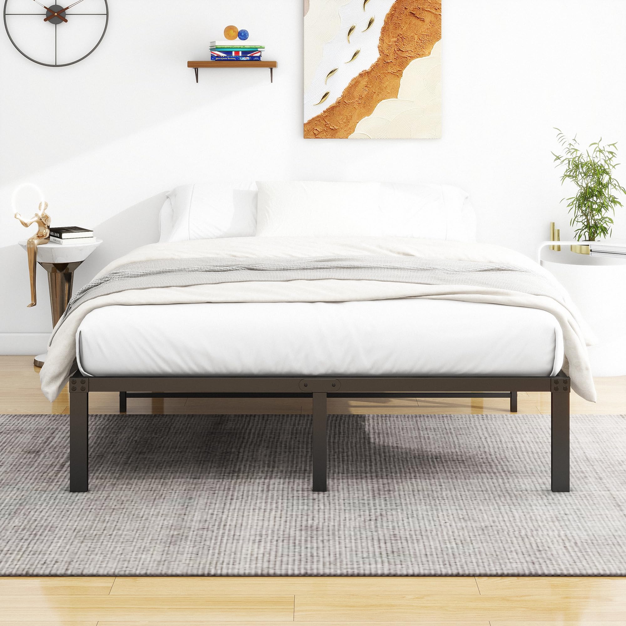 Marco de cama tamaño king, cama de metal de 150 x 200 cm, 36 cm de altura con almacenamiento debajo de la cama, marco de cama de metal tamaño King de 1,5 m con soporte de listones de acero