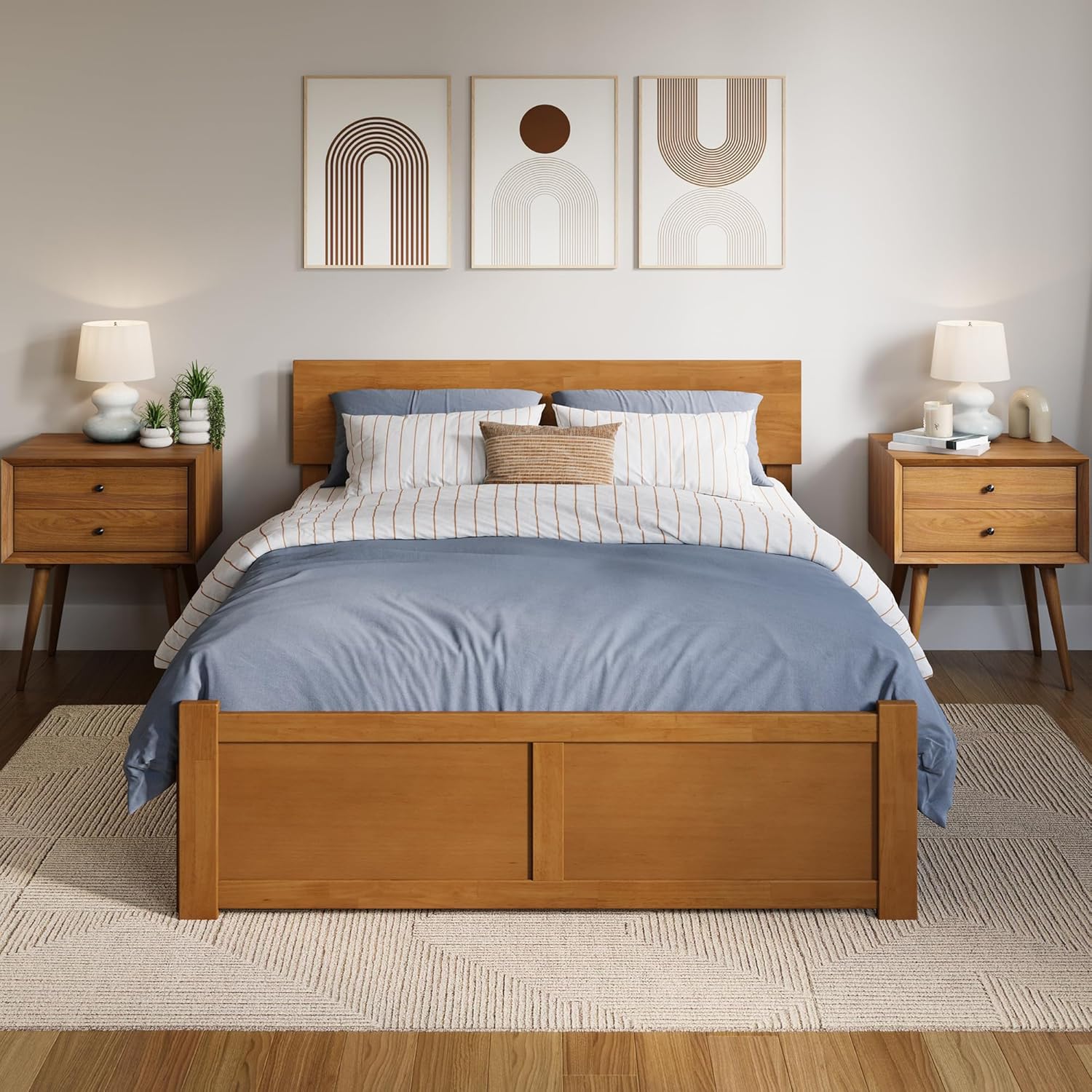 AFI Orlando Full Solid Wood Platform Bed with Footboard & Storage Drawers in Light Toffee