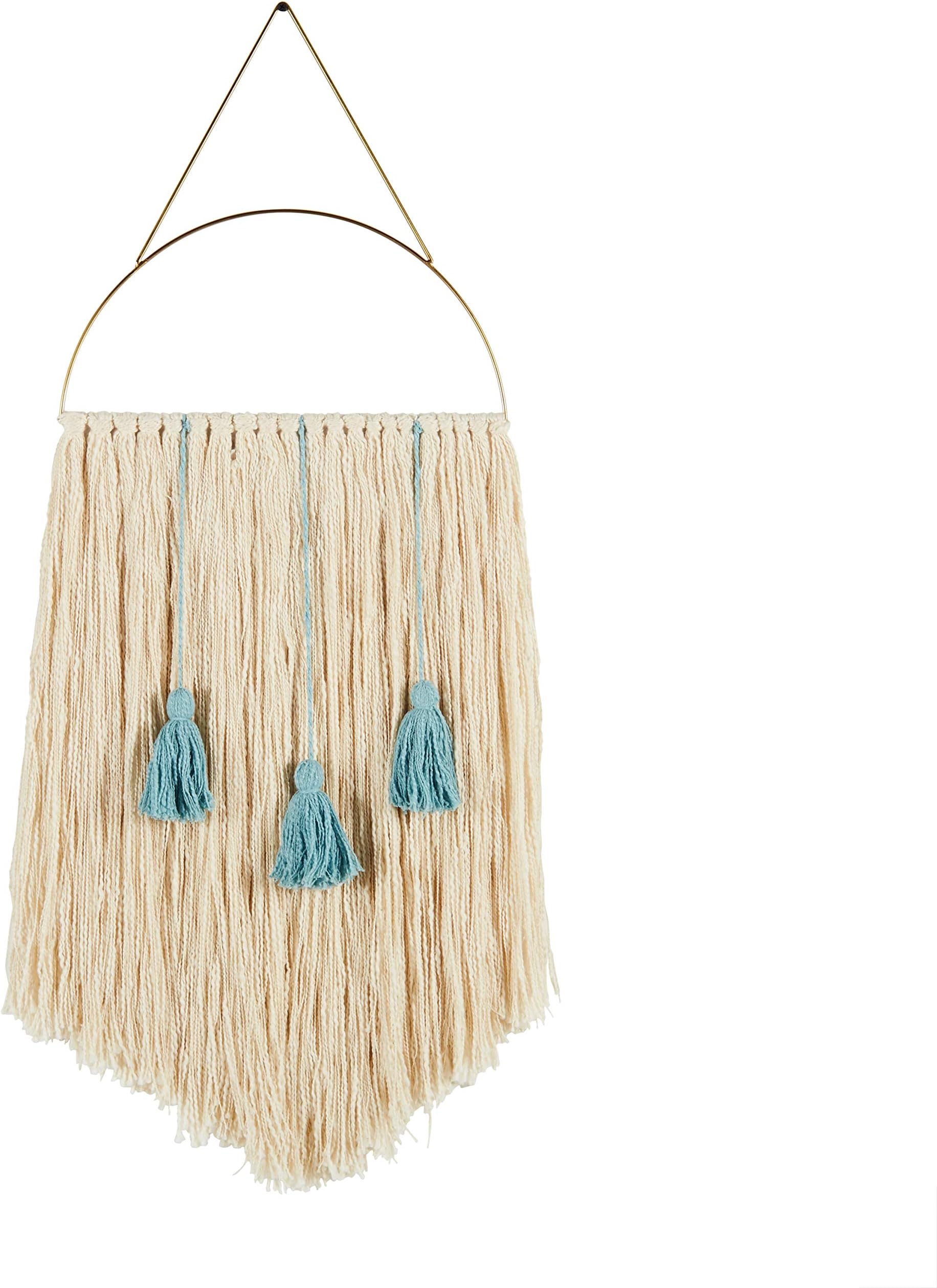 Amazon Brand – Rivet Modern Handmade Fringe and Tassel Wall Art Decor - 20 Inch, Cream and Blue
