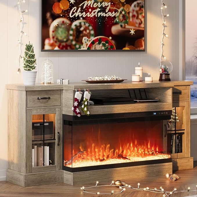 Amazon.com: 4 EVER WINNER Farmhouse Fireplace TV Stand with 40" Electric Fireplace for 80" TV, 70" Entertainment Center with Adjustable Storage Cabinets, 2 Drawers, LED Lights, TV Consoles for Living Room, Grey : Home & Kitchen